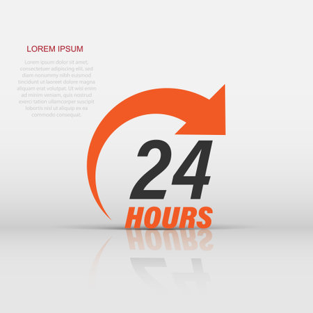 24 hours service icon in flat style. All day business and service vector illustration on isolated background. Quick service time sign business concept.のイラスト素材