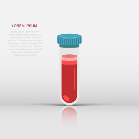 Blood in test tube icon in flat style. Laboratory flask vector illustration on isolated background. Liquid in beaker sign business concept.のイラスト素材