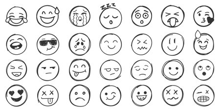 Emojis faces icon in hand drawn style. Doddle emoticons vector illustration on isolated background. Happy and sad face sign business concept.のイラスト素材