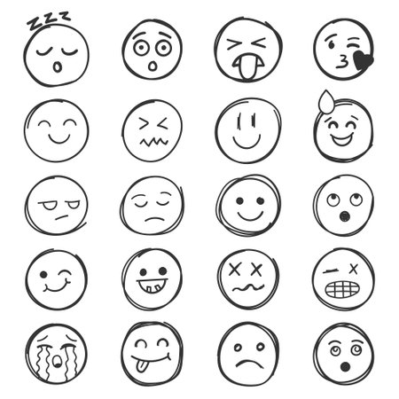Emojis faces icon in hand drawn style. Doddle emoticons vector illustration on isolated background. Happy and sad face sign business concept.のイラスト素材