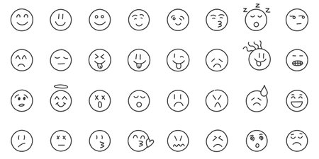 Emojis faces icon in hand drawn style. Doddle emoticons vector illustration on isolated background. Happy and sad face sign business concept.のイラスト素材
