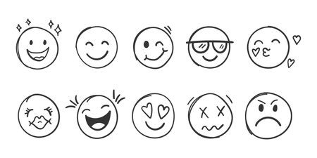 Emojis faces icon in hand drawn style. Doddle emoticons vector illustration on isolated background. Happy and sad face sign business concept.のイラスト素材