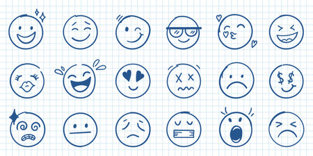 Emojis faces icon in hand drawn style. Doddle emoticons vector illustration on isolated background. Happy and sad face sign business concept.のイラスト素材