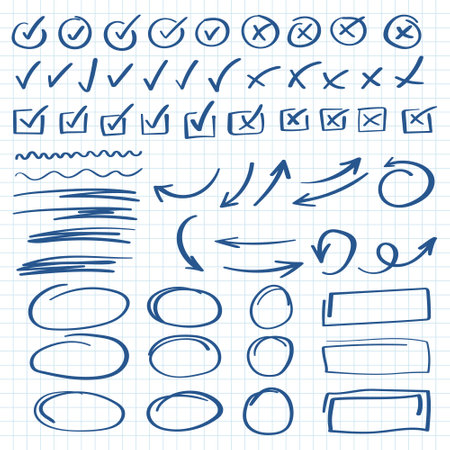 Check mark icon in hand drawn style. Handmade doodle vector illustration on isolated background. Cross, circles, arrow mark sign business concept.のイラスト素材