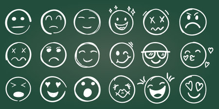 Emojis faces icon in hand drawn style. Doddle emoticons vector illustration on isolated background. Happy and sad face sign business concept.のイラスト素材
