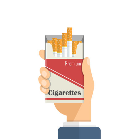 Hand holding packet of cigarettes icon in flat style. Smoking vector illustration on isolated background. Tobacco box sign business concept.のイラスト素材