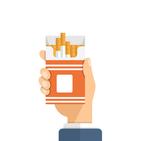 Hand holding packet of cigarettes icon in flat style. Smoking vector illustration on isolated background. Tobacco box sign business concept.のイラスト素材
