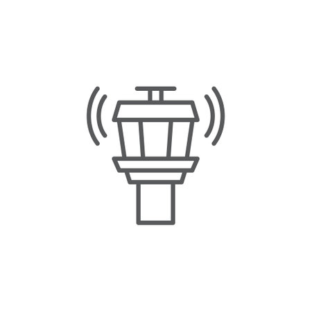 Flight control tower icon in flat style. Navigation monitor vector illustration on isolated background. Airport building sign business concept.のイラスト素材