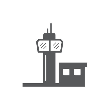 Flight control tower icon in flat style. Navigation monitor vector illustration on isolated background. Airport building sign business concept.のイラスト素材