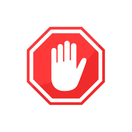 Stop sign with hand icon in flat style. Traffic control vector illustration on isolated background. Attention sign business concept.のイラスト素材