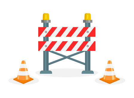 Stop traffic road barrier icon in flat style. Roadwork vector illustration on isolated background. Safety barricade sign business concept.のイラスト素材