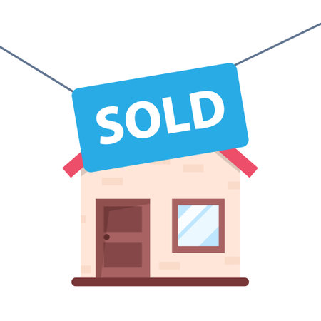 Real estate banner with house icon in flat style. Sale label vector illustration on isolated background. Sold sign business concept.のイラスト素材