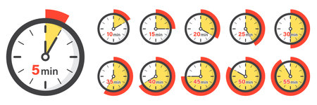 From 5 minutes to 55 minutes on stopwatch icon in flat style. Clock face timer vector illustration...