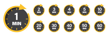 From 1 minite to 60 minutes on stopwatch icon in flat style. Clock face timer vector illustration on...