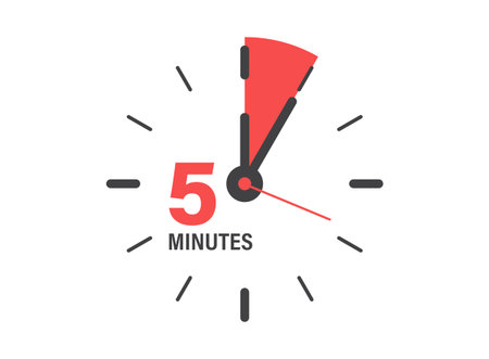 5 minutes on stopwatch icon in flat style. Clock face timer vector illustration on isolated...