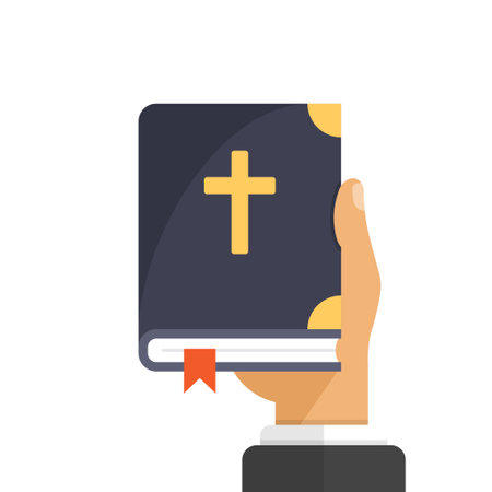 Holy bible in hand icon in flat style. Christianity book vector illustration on isolated background. Religion sign business concept.のイラスト素材