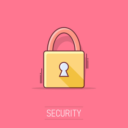 Cartoon padlock icon in comic style. Lock, unlock illustration pictogram. Locker sign splash business concept.のイラスト素材