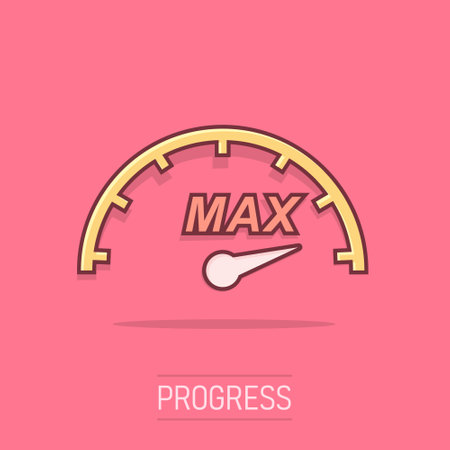 Cartoon max speed icon in comic style. Speedometer sign illustration pictogram. Tachometer splash business concept.のイラスト素材