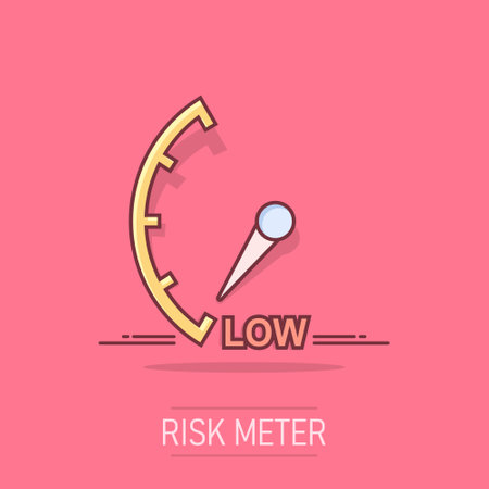 Cartoon low level icon in comic style. Speedometer, tachometer sign illustration pictogram. Risk meter splash business concept.のイラスト素材