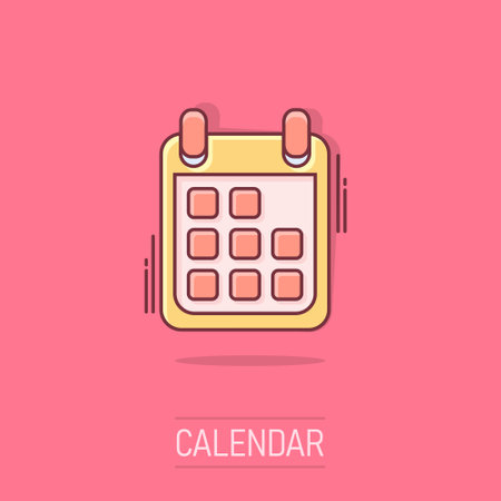 Vector cartoon calendar icon in comic style. Calendar sign illustration pictogram. Month business splash effect concept.のイラスト素材