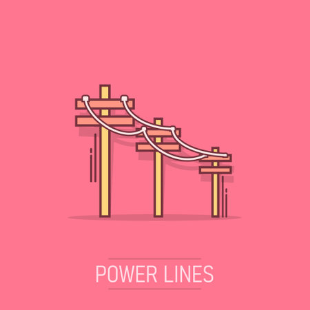 Vector cartoon high voltage power lines icon in comic style. Electric pole sign illustration pictogram. Power line business splash effect concept.のイラスト素材
