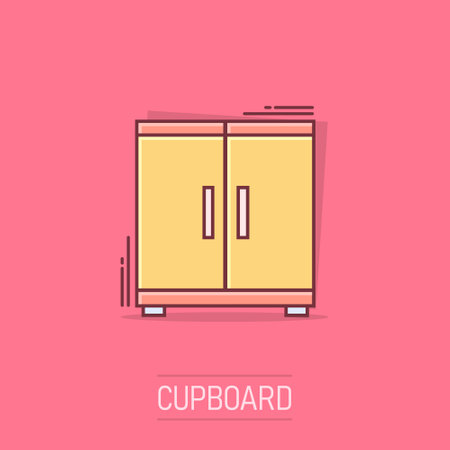 Vector cartoon cupboard icon in comic style. Furniture sign illustration pictogram. Cabinet business splash effect concept.のイラスト素材
