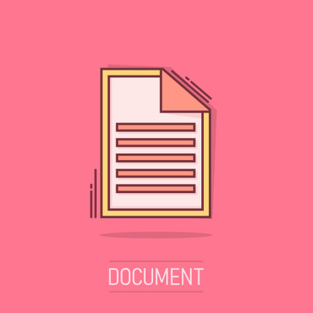 Vector cartoon document icon in comic style. Paper page sign illustration pictogram. Note business splash effect concept.のイラスト素材