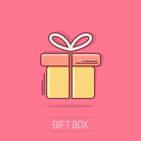 Vector cartoon gift box icon in comic style. Gift present sign illustration pictogram. Box business splash effect concept.のイラスト素材
