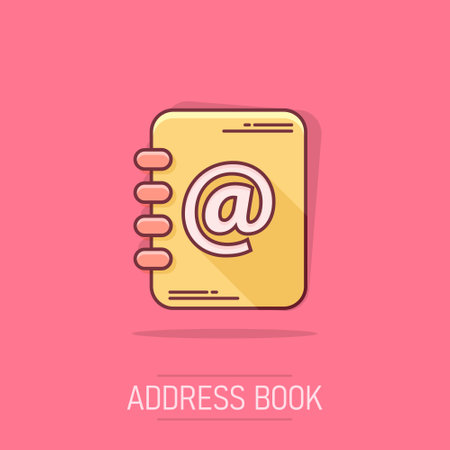 Vector cartoon address book icon in comic style. Email note sign illustration pictogram. Notebook business splash effect concept.のイラスト素材