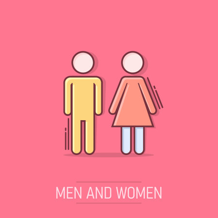 Vector cartoon man and woman icon in comic style. WC sign illustration pictogram. Restroom business splash effect concept.のイラスト素材