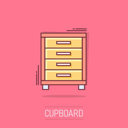 Vector cartoon cupboard icon in comic style. Furniture sign illustration pictogram. Cabinet business splash effect concept.のイラスト素材