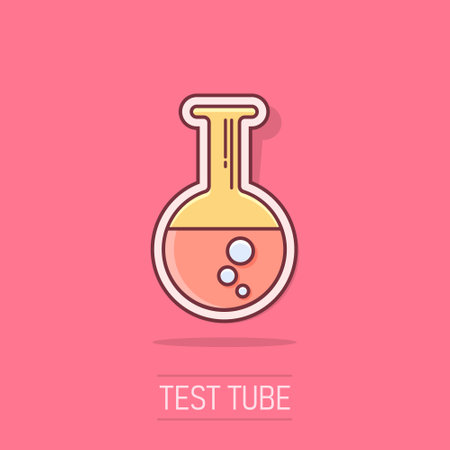 Vector cartoon chemical test tube icon in comic style. Laboratory glassware sign illustration pictogram. Flasks business splash effect concept.のイラスト素材