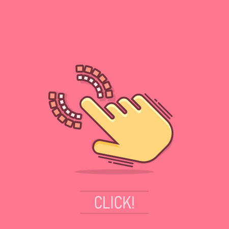 Vector cartoon click hand icon in comic style. Cursor finger sign illustration pictogram. Pointer business splash effect concept.のイラスト素材
