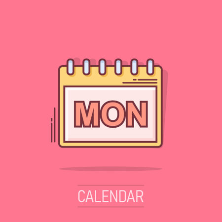 Vector cartoon monday calendar page icon in comic style. Calendar sign illustration pictogram. Monday agenda business splash effect concept.のイラスト素材