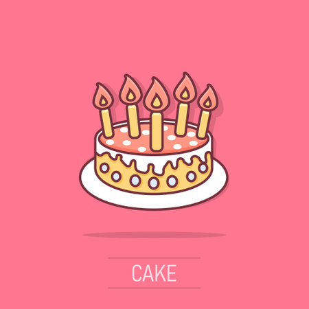 Vector cartoon cake with candle icon in comic style. Pie sign illustration pictogram. Dessert food business splash effect concept.のイラスト素材
