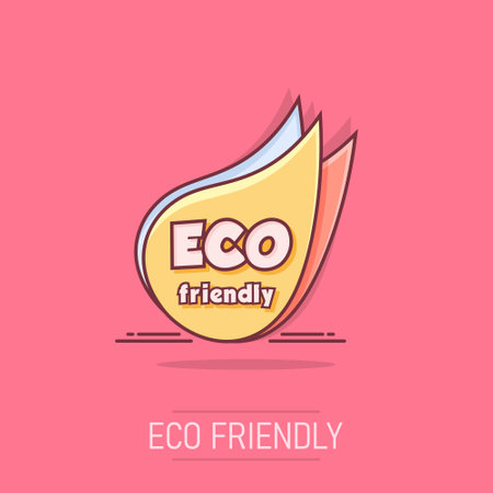 Cartoon colored eco friendly icon in comic style. Green organic leaf illustration pictogram. Ecology sign splash business concept.のイラスト素材