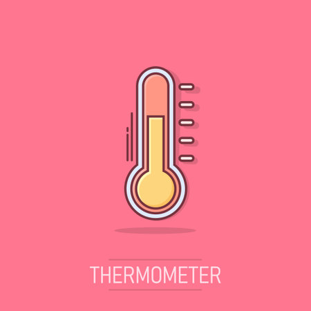 Vector thermometer icon in comic style. Goal sign illustration pictogram. Thermometer business splash effect concept.のイラスト素材