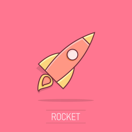 Vector cartoon rocket icon in comic style. Startup launch sign illustration pictogram. Rocket business splash effect concept.のイラスト素材