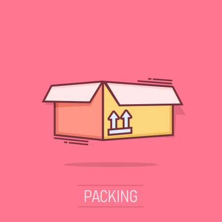 Vector cartoon packaging box icon in comic style. Shipping pack sign illustration pictogram. Box business splash effect concept.のイラスト素材