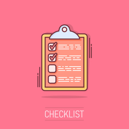 Vector cartoon to do list icon in comic style. Checklist, task list sign illustration pictogram. Reminder business splash effect concept.のイラスト素材