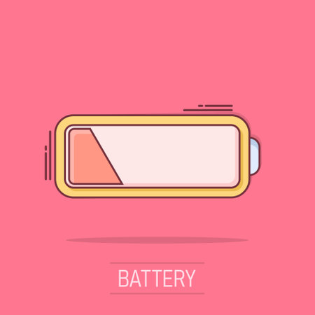 Vector cartoon battery charge level indicator sign icon in comic style. Battery sign illustration pictogram. Accumulator business splash effect concept.のイラスト素材
