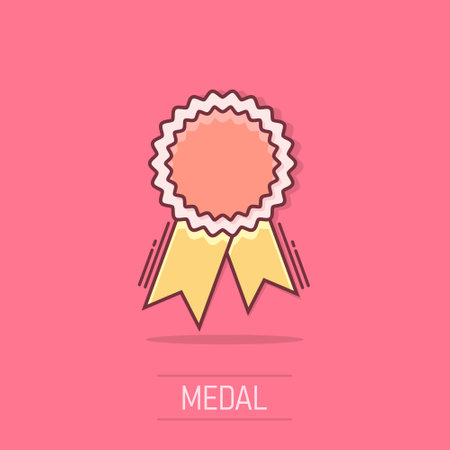 Vector cartoon badge with ribbon icon in comic style. Award medal sign illustration pictogram. Champion business splash effect concept.のイラスト素材