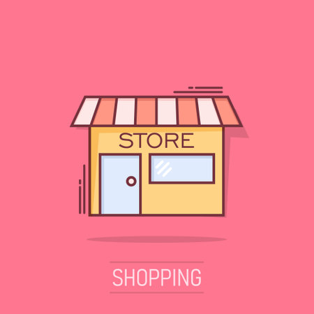 Vector cartoon store house icon in comic style. Shop sign illustration pictogram. Store market business splash effect concept.のイラスト素材