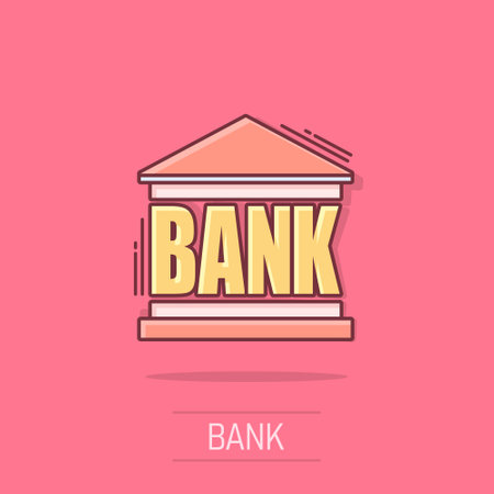 Vector cartoon bank building icon in comic style. Bank sign illustration pictogram. Building business splash effect concept.のイラスト素材
