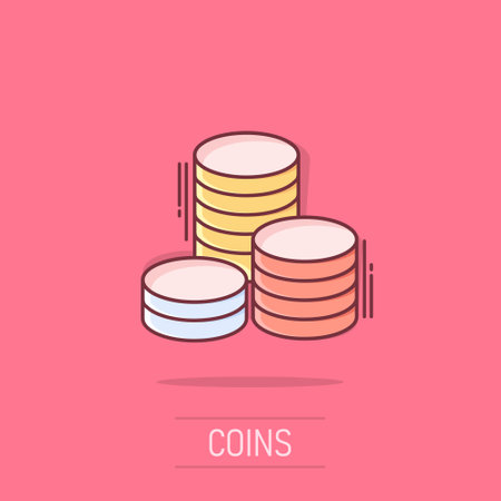 Vector cartoon coins stack icon in comic style. Money coin sign illustration pictogram. Currency money business splash effect concept.のイラスト素材