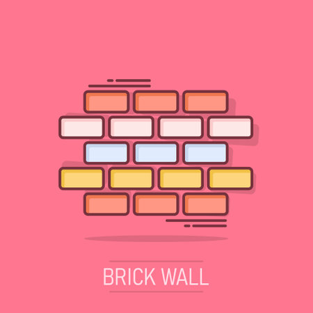 Vector cartoon wall brick icon in comic style. Wall sign illustration pictogram. Stone business splash effect concept.のイラスト素材