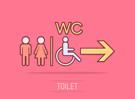 Vector cartoon WC, toilet icon in comic style. Men and women restroom sign illustration pictogram. WC business splash effect concept.のイラスト素材