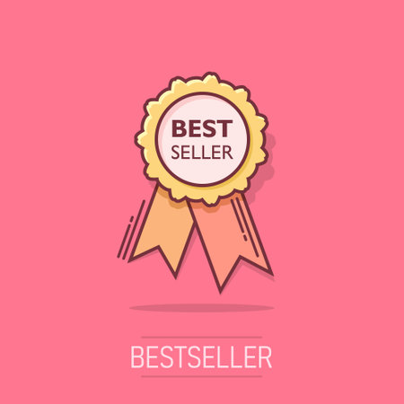 Vector cartoon best seller ribbon icon in comic style. Medal sign illustration pictogram. Bestseller business splash effect concept.のイラスト素材