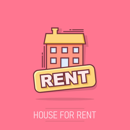 Vector cartoon rent house icon in comic style. Rent sign illustration pictogram. Rental business splash effect concept.のイラスト素材