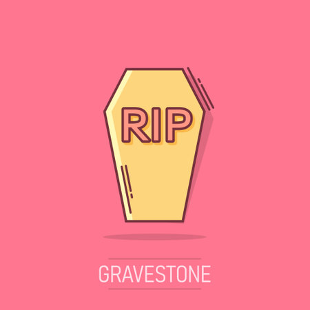 Vector cartoon halloween grave icon in comic style. Gravestone sign illustration pictogram. Rip business splash effect concept.のイラスト素材